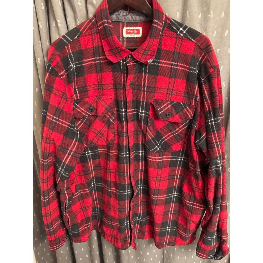 Wrangler Mens Red Black Buffalo Plaid Fleece Button Up Shirt XL Long Sleeve
